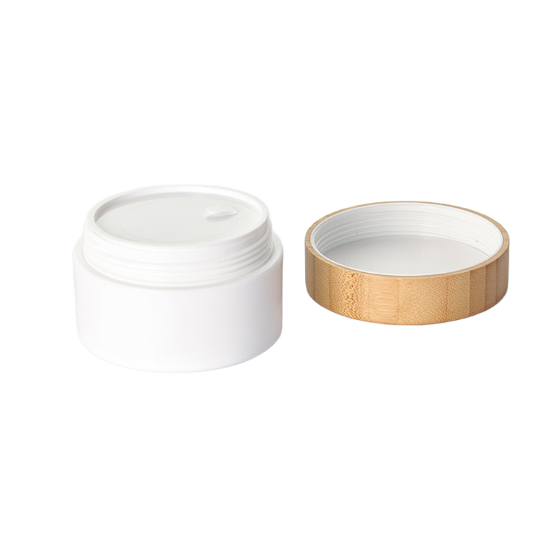 Frasco de creme PP branco com tampa de bambu natural