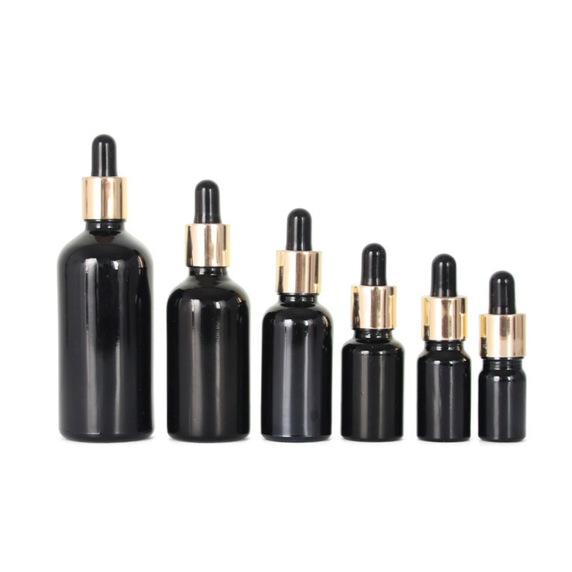 5mL 10mL 15mL 20mL 30mL 50mL 60mL 100mL Frasco de vidro de óleo essencial preto de vários volumes com conta-gotas de alumínio dourado para cuidados com a pele