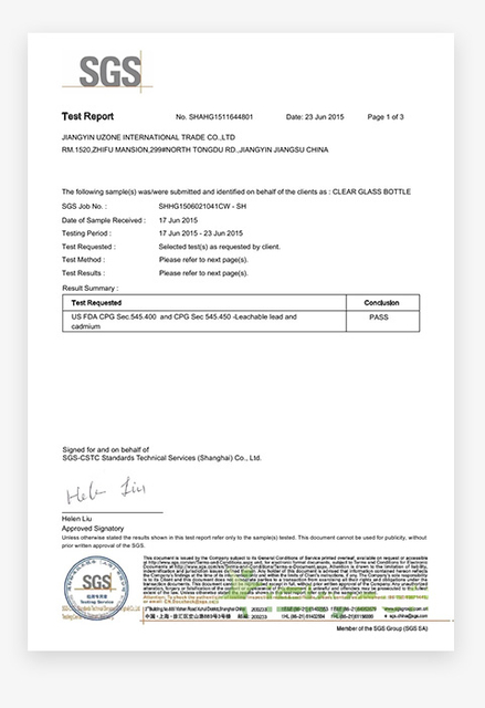 SGS para garrafa de vidro transparente