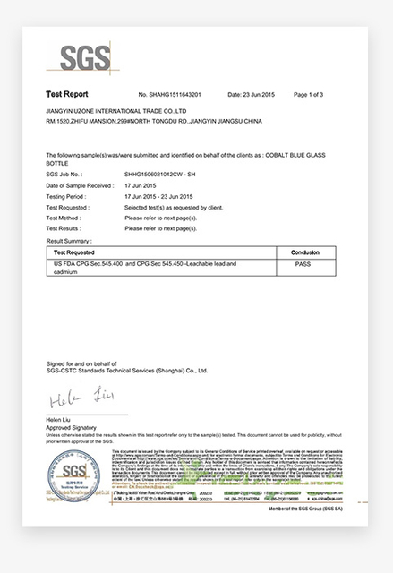 SGS para garrafa de vidro azul cobalto