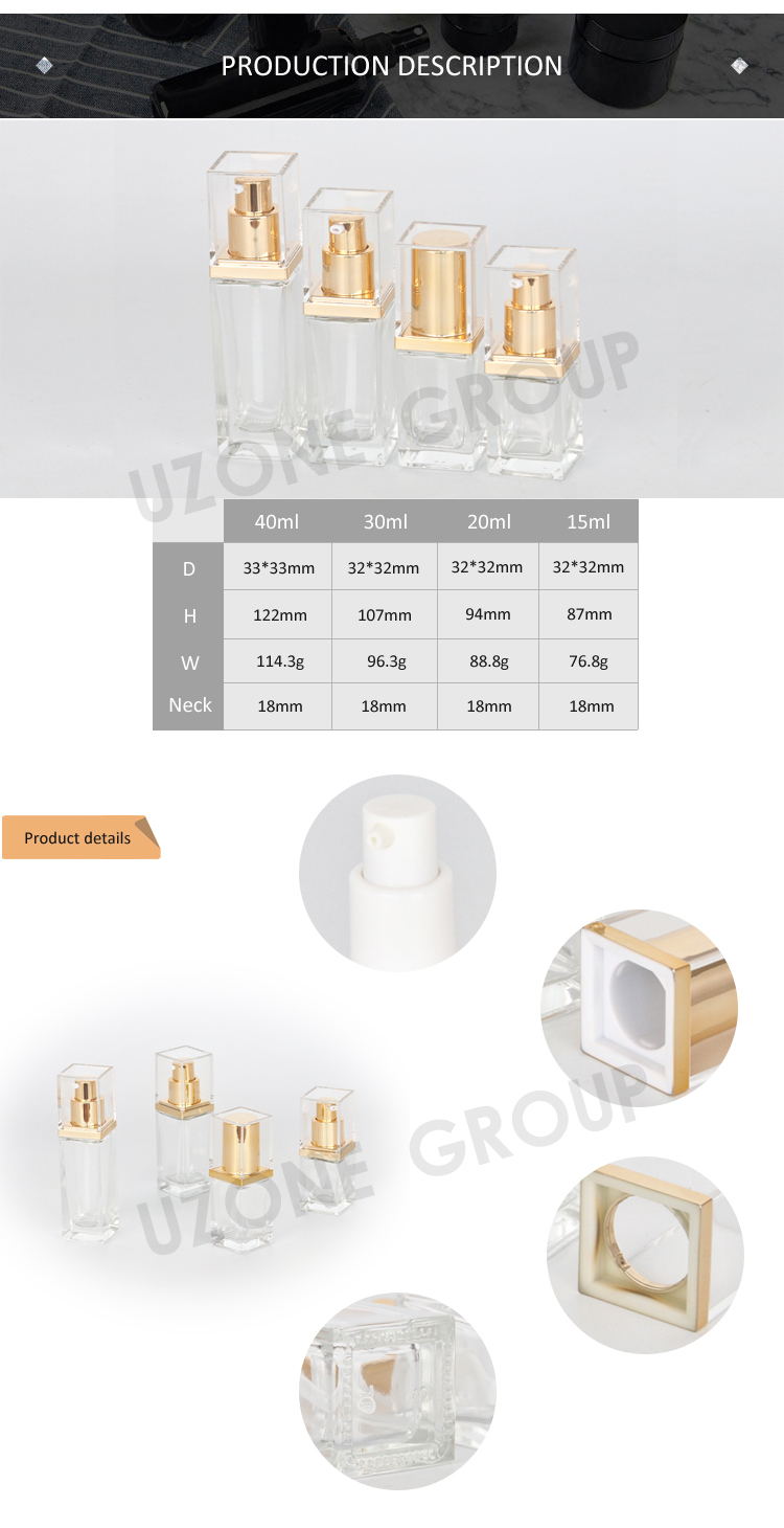 15ml 20ml 30ml 40ml frascos de loção de vidro quadrado pequeno